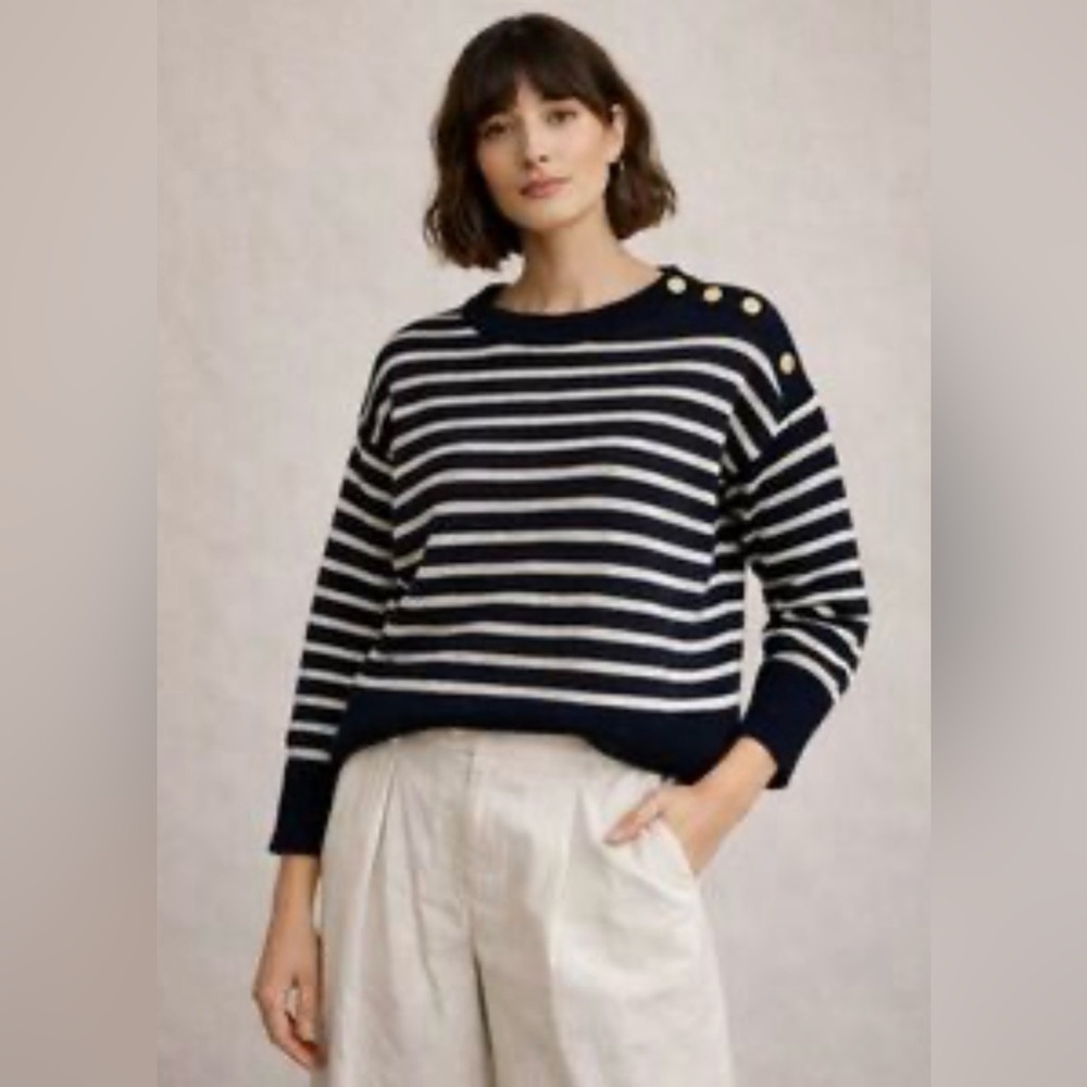 Magaschoni Navy White Nautical Cape Cod Rich Mom Vibes Stripe Soft Sweater Sz XS